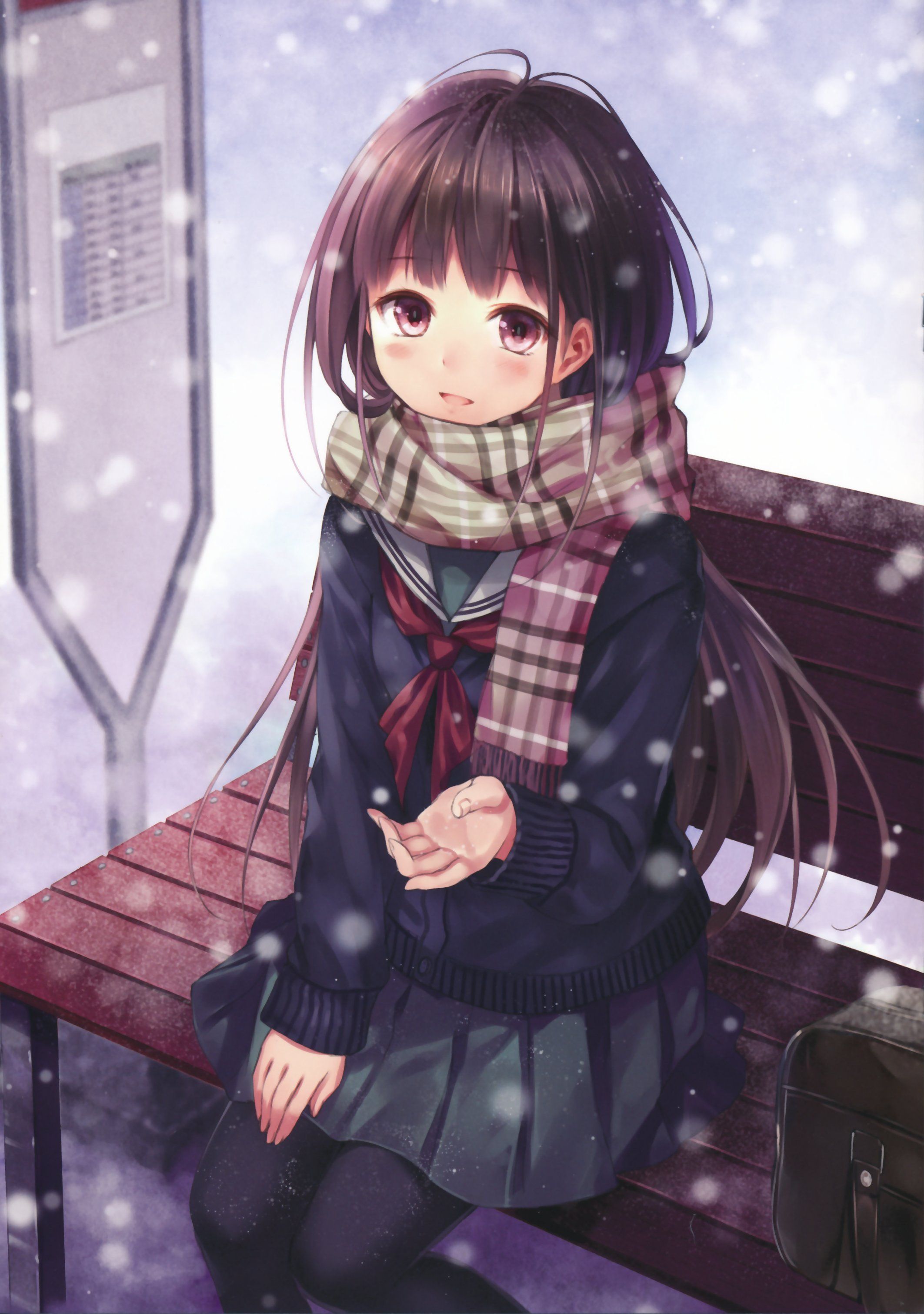 Anime girl original snow winter beauty school uniform wallpaperx3021