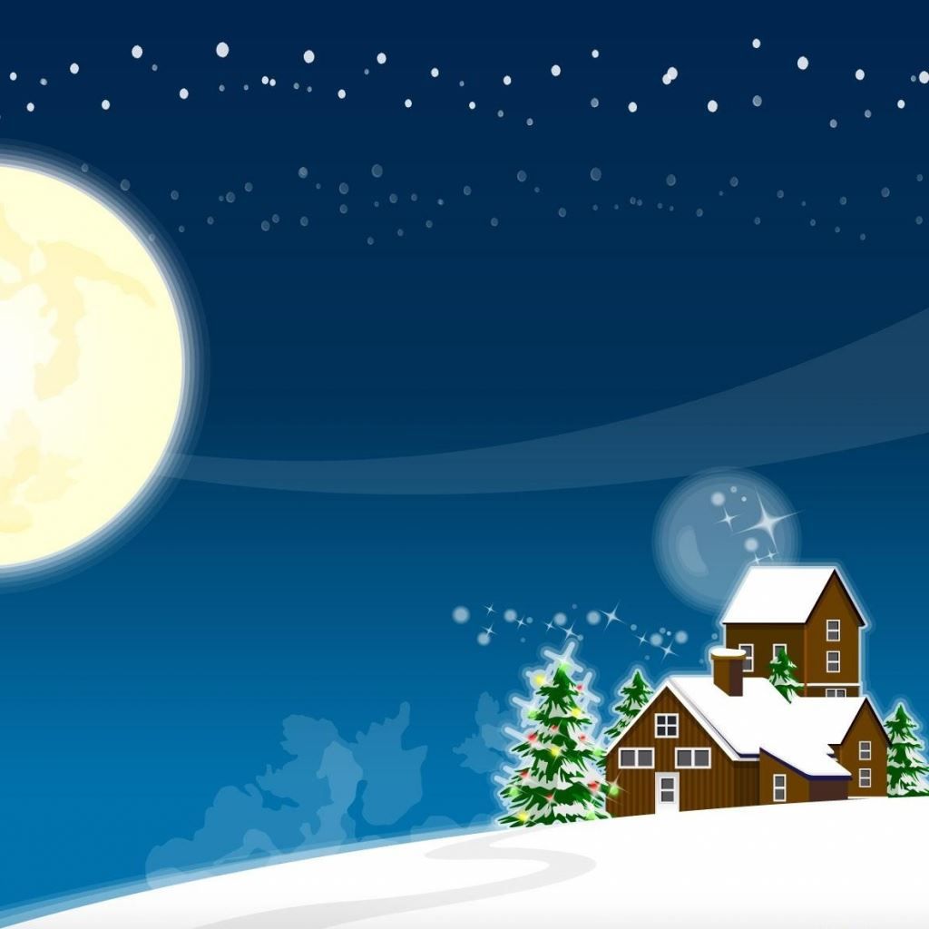 Christmas tree new year house moon snow iPad Wallpaper Free Download