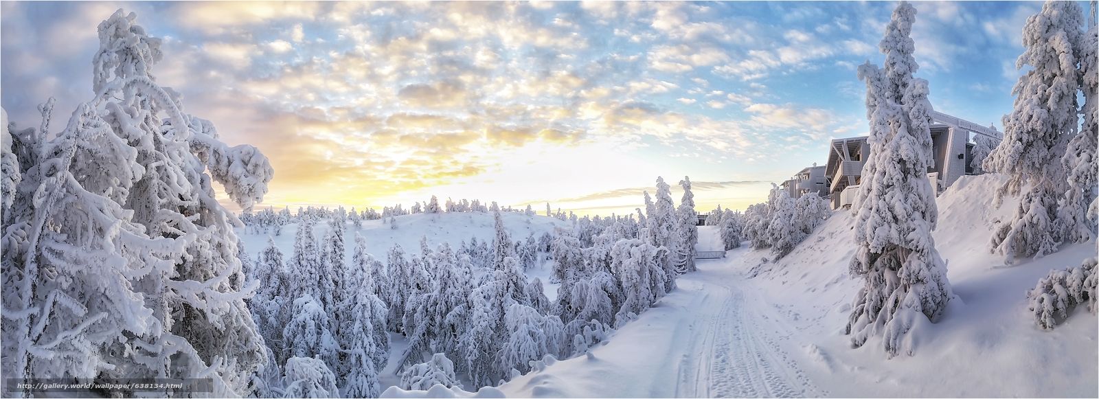 Download wallpaper Ruka Peak, Finland, winter, road free desktop wallpaper in the resolution 4004x1453