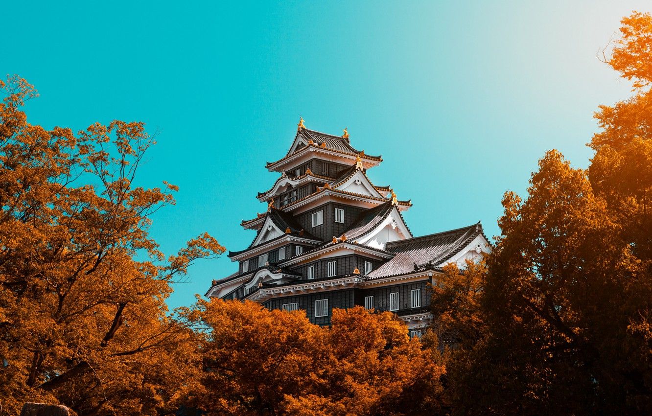 Wallpaper Japan, trees, autumn, landscapes, blue sky, architecture, building, pagoda, 4k ultra HD background, Okayama Castle image for desktop, section пейзажи