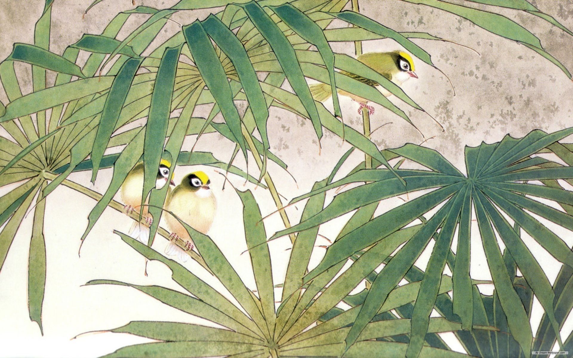 The family of birds in the bush, Japanese painting Desktop wallpaper 1920x1200