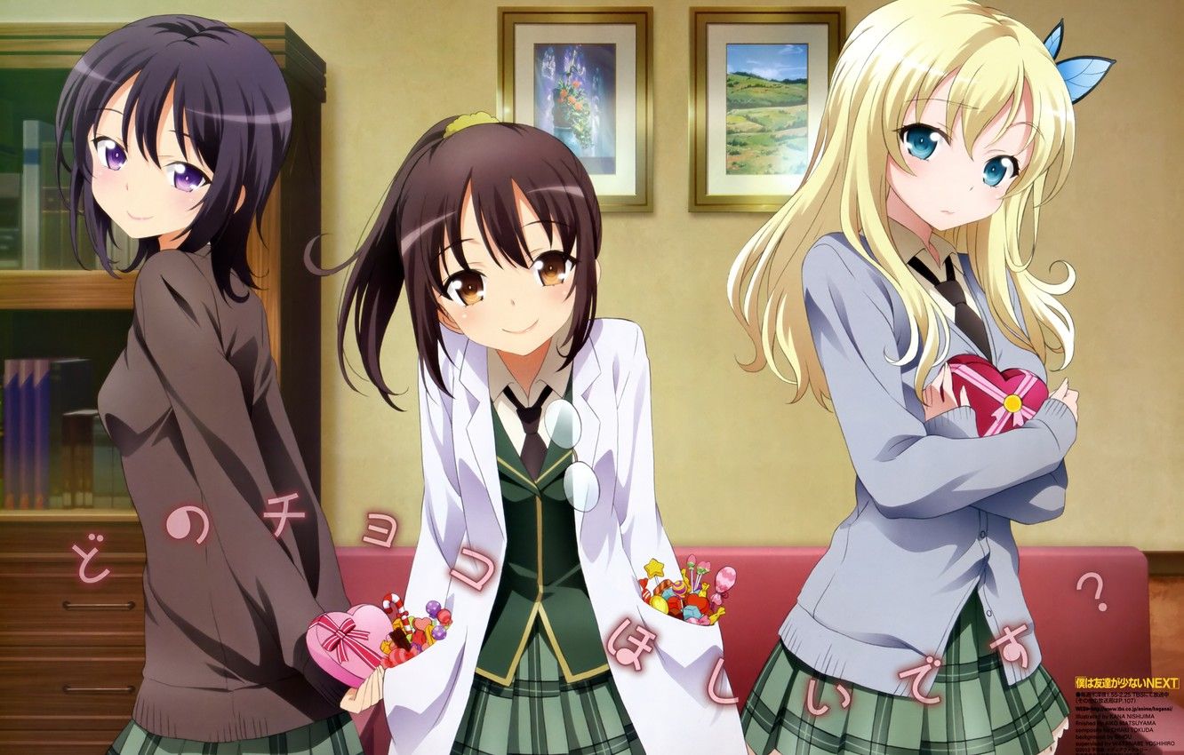 Wallpaper smile, brunette, blonde, brown hair, Art, school uniform, Kashiwazaki Sena, I have a few friends, Boku wa Tomodachi ga Sukunai, Yozora Mikazuki, Rika Shiguma, Club neighbours image for desktop, section прочее