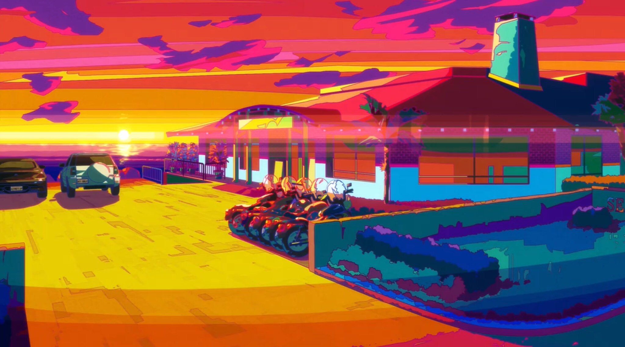 Great Pretender has some pretty Outrun background