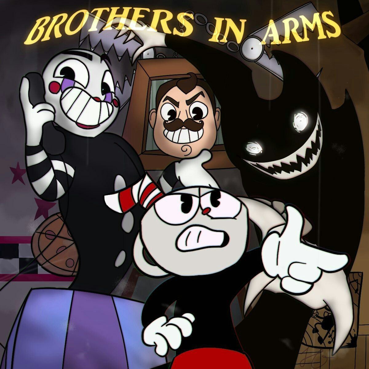 fandoms en un solo lugar, FNaF, BATIM, Hello Neighbord y Cuphead en un temazo. Brothers in arms, Bendy and the ink machine, Cartoon crossovers