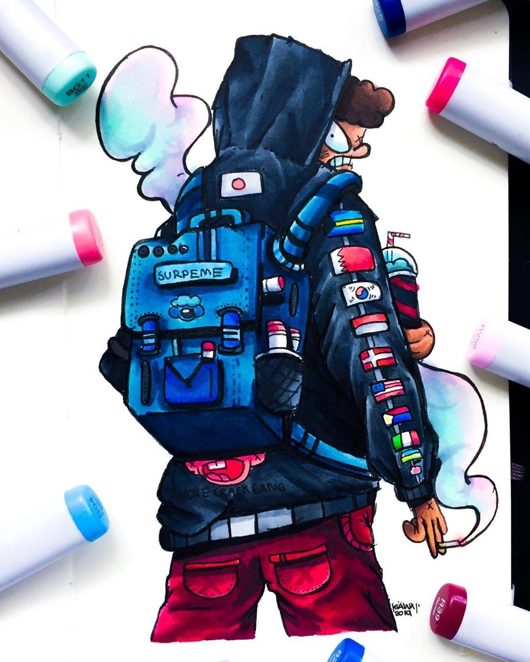 Gawx Art on Instagram: “Man with his bottle of paint water, crazy hoodie with flags and brand new Surpeme. Cute doodle art, Doodle art drawing, Graffiti style art