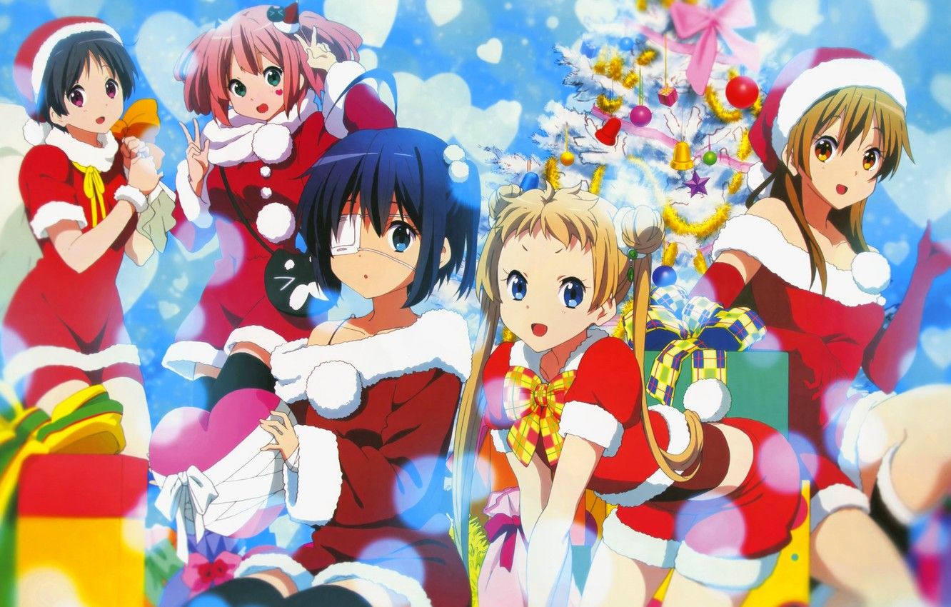 Wallpaper Girls, New year, Tree, Chuunibyou Demo Koi ga Shitai!, To Rik Takanashi, Eccentricity of love is not a hindrance, The eighth grader syndrome, Nibutani Shinka, Dekomori Sanae, Tsuyuri Cumin, Satone Shichimiya