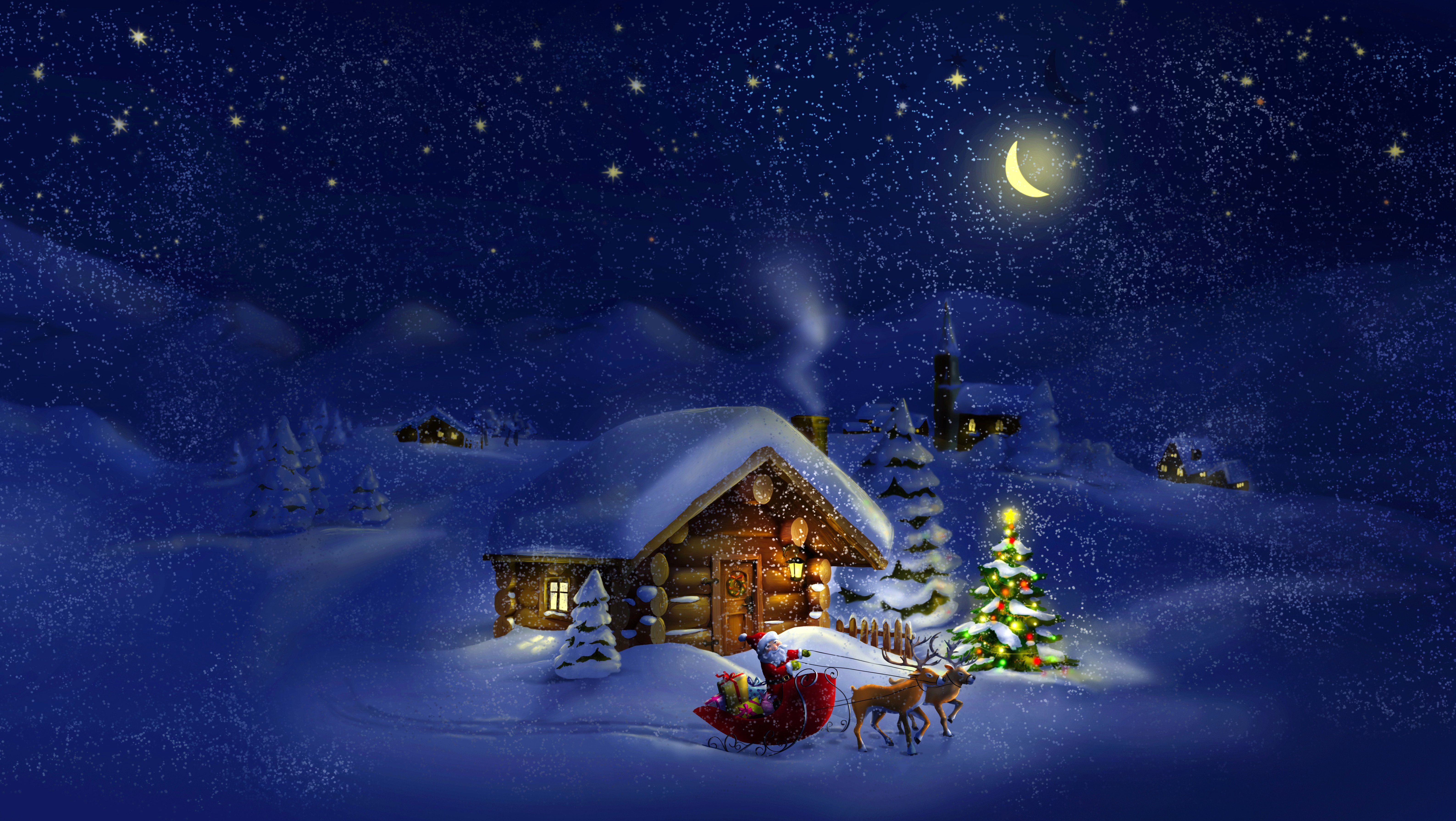 Easons Winter Houses Holidays Christmas ( New year ) Deer Snow Moon Christmas tree Night Santa Claus Nature wallpaperx3580
