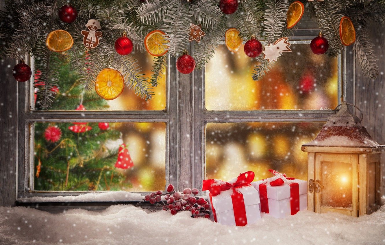 Wallpaper winter, snow, decoration, New Year, window, Christmas, gifts, Christmas, winter, snow, window, Merry Christmas, Xmas, decoration, lantern image for desktop, section новый год
