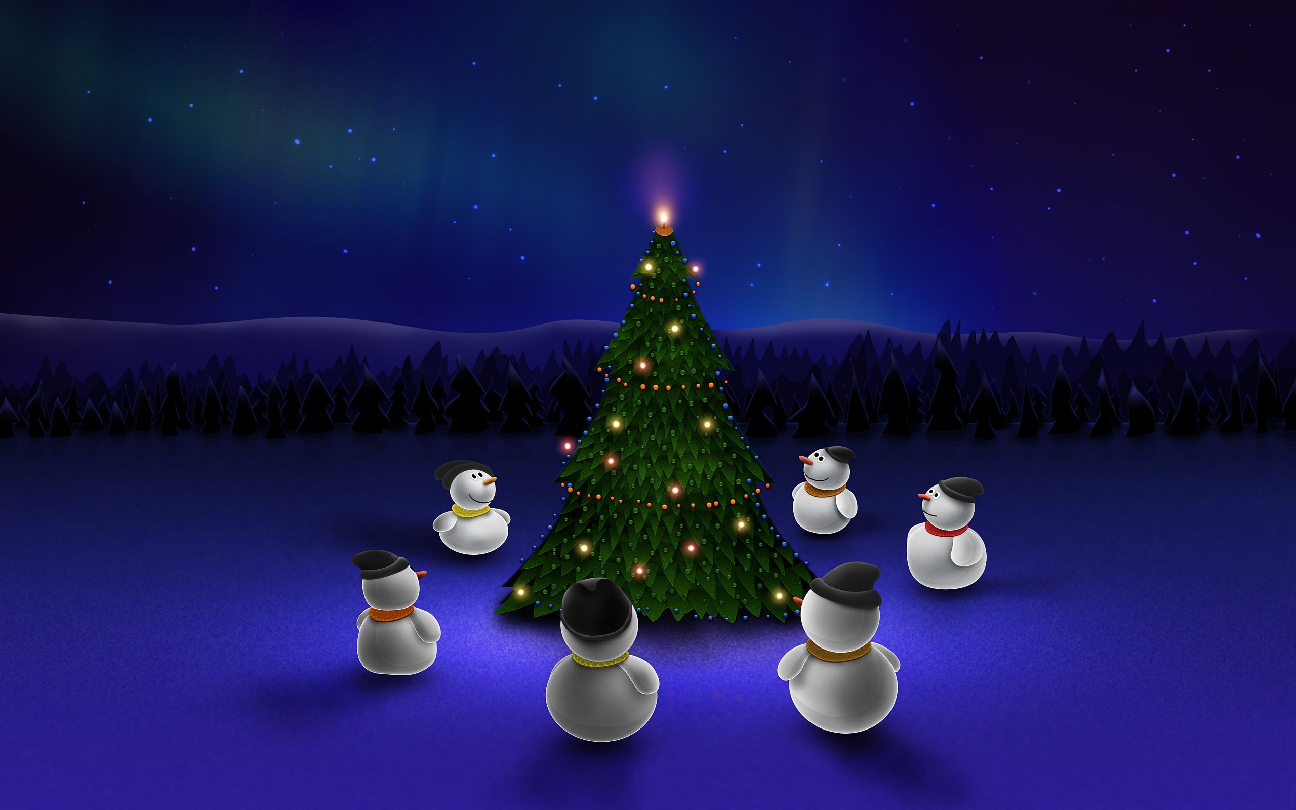 Download wallpaper Christmas tree, snowmen, winter, night, Christmas, Xmas, snowman for desktop with resolution 2560x1600. High Quality HD picture wallpaper