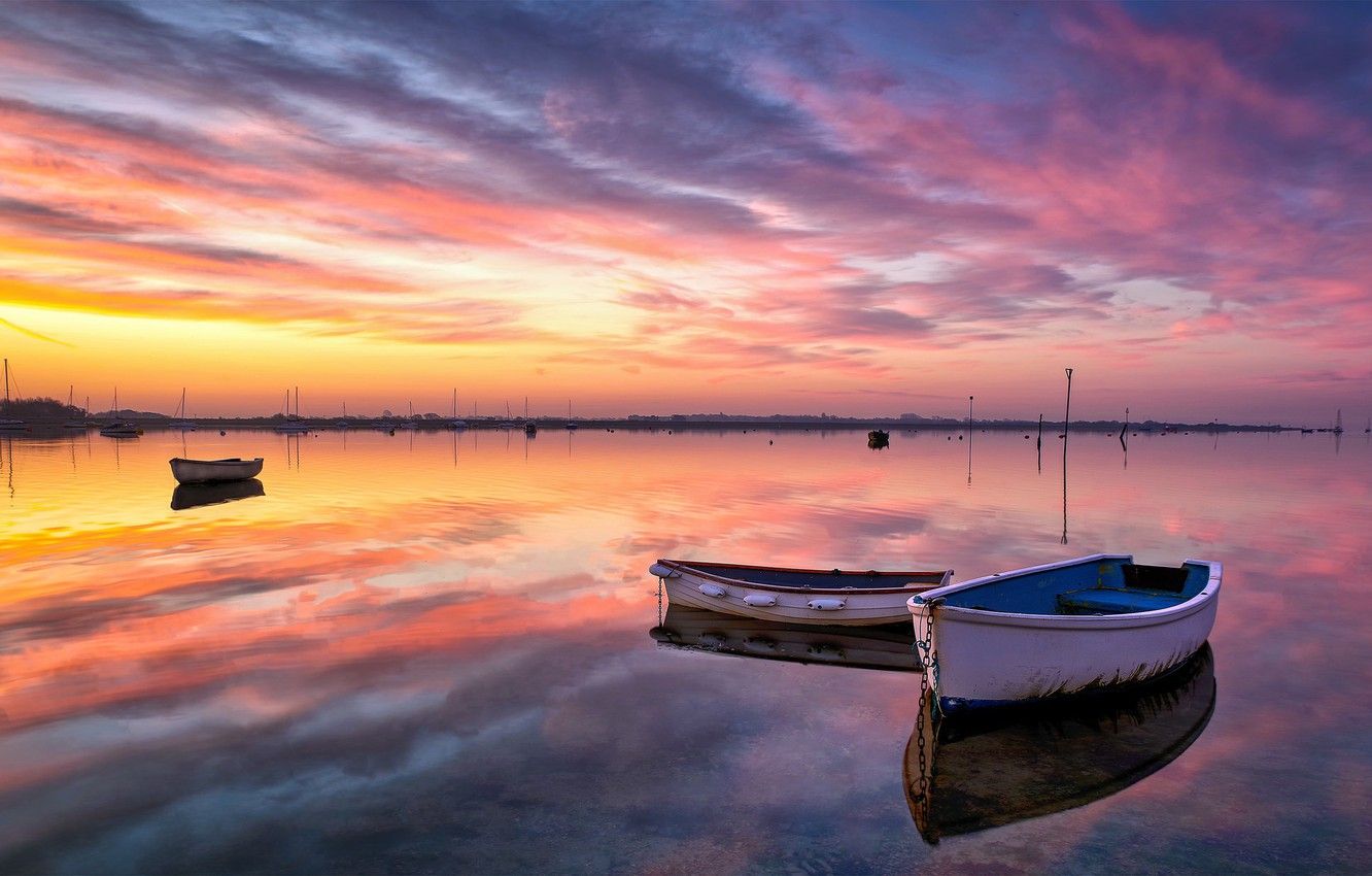 Wallpaper sunset, lake, boats image for desktop, section пейзажи