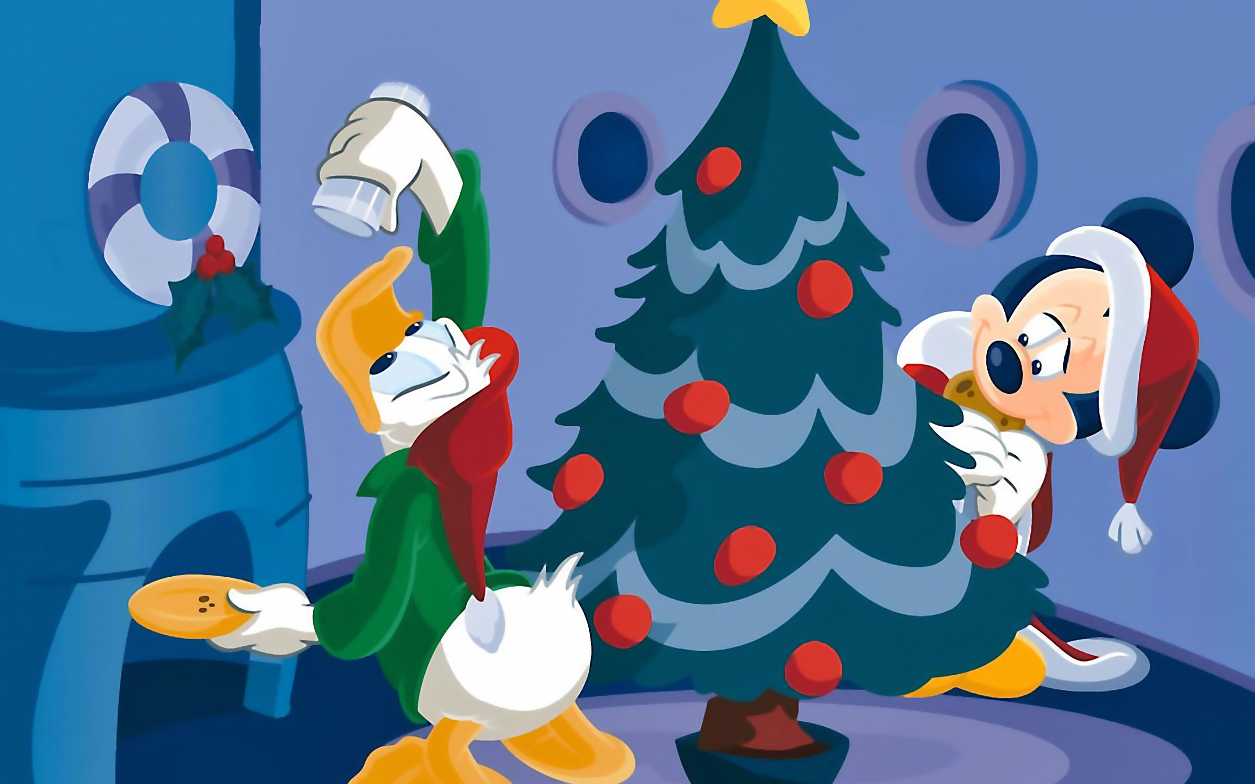 Disney Characters Decorating A Tree Christmas Wallpaper Cartoon Christmas Tree