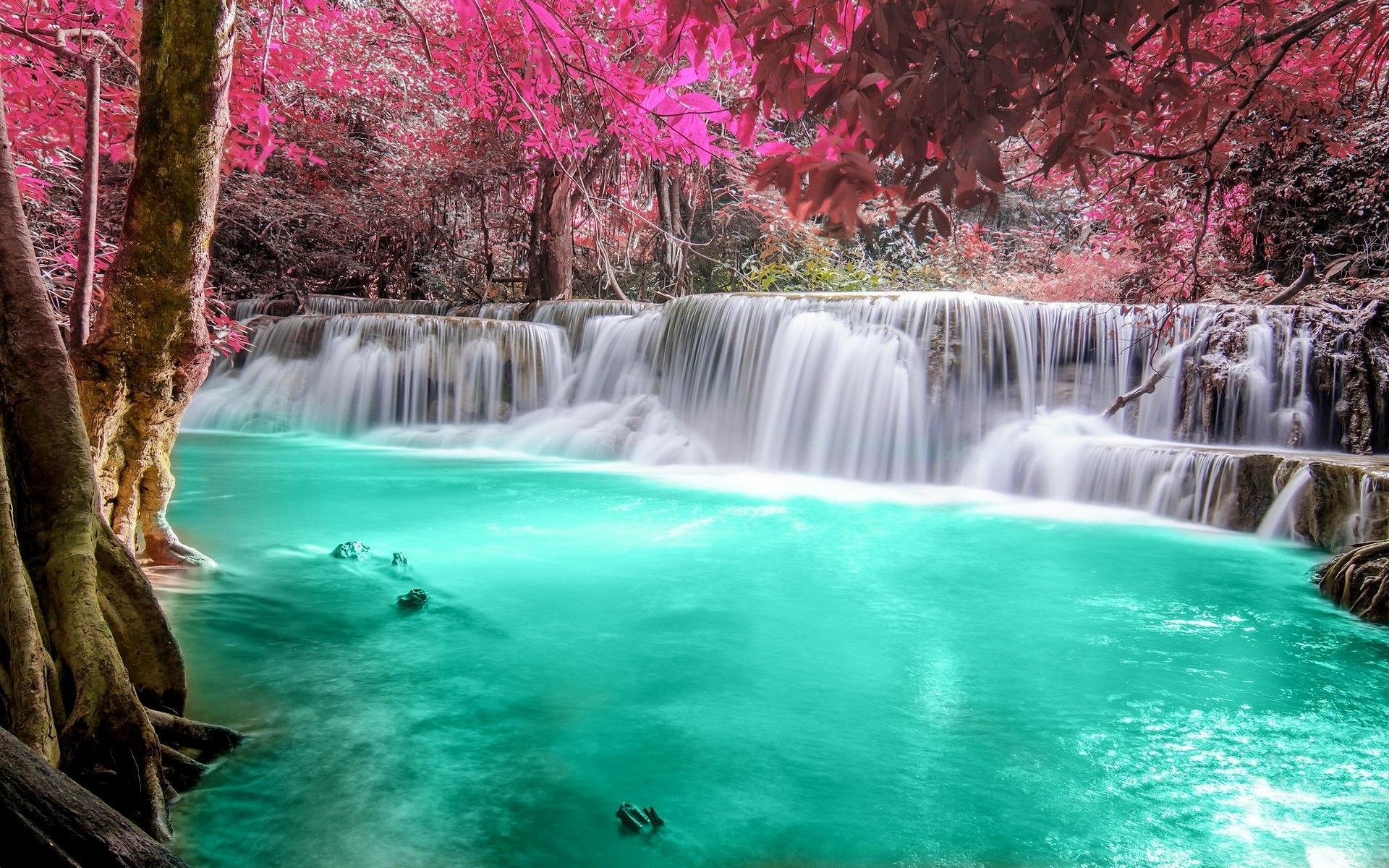Download HD waterfall, Forest, Colorful, Nature, Thailand, Trees, Landscape, Pink, Turquoise, White, Tropical, R. Waterfall, Forest waterfall, Waterfall wallpaper