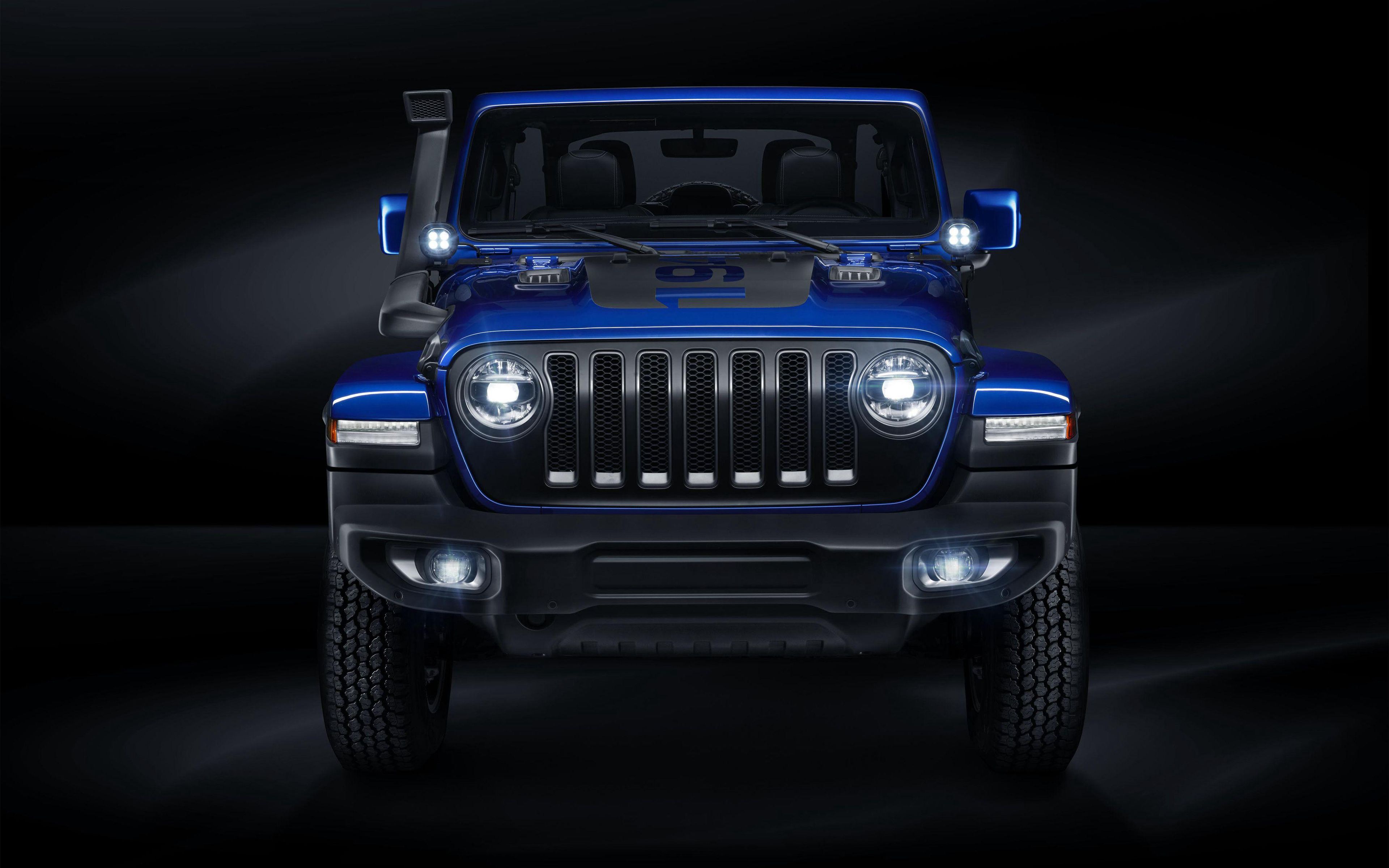Download wallpaper Jeep Wrangler Unlimited Moparized, 4k, 2018 cars, SUVs, blue jeep, studio, Jeep Wrangler, Jeep for desktop with resolution 3840x2400. High Quality HD picture wallpaper