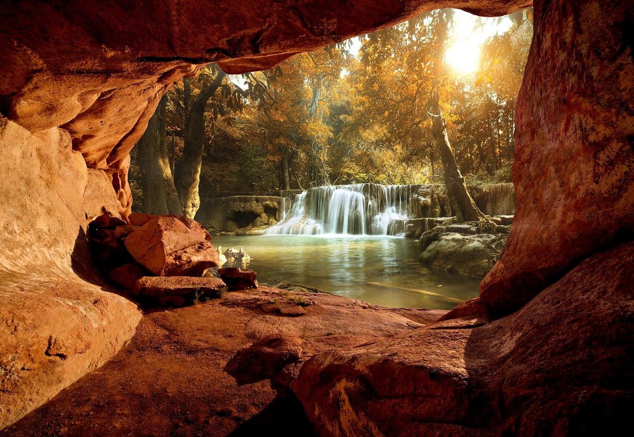 Lake Forest Waterfall Cave Wall Paper Mural