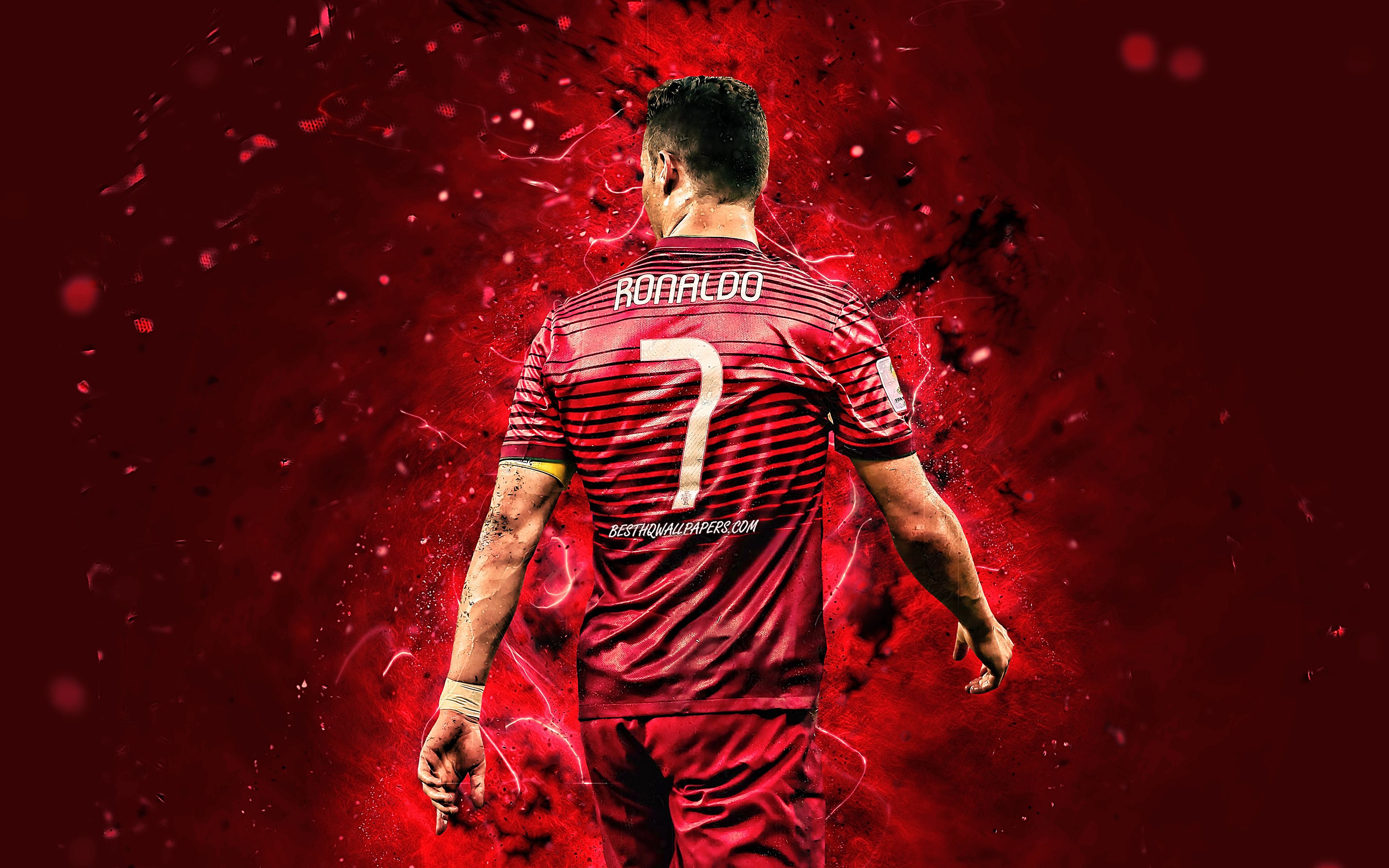 Download wallpaper Cristiano Ronaldo, 4k, back view, Portugal National Team, soccer, CR neon lights, Ronaldo back view, Portuguese football team for desktop with resolution 3840x2400. High Quality HD picture wallpaper