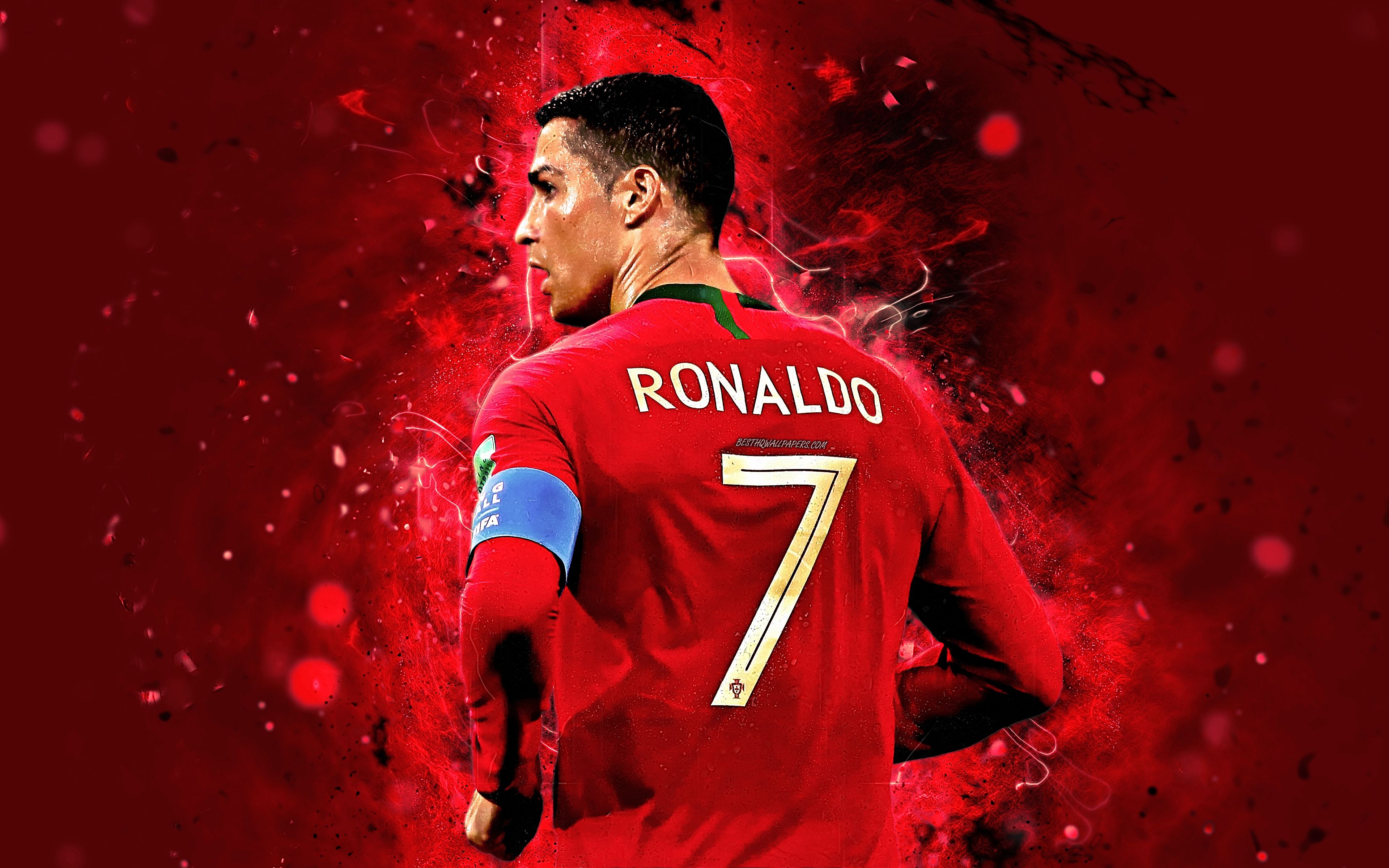 Download wallpaper Cristiano Ronaldo, 4k, back view, CR abstract art, Portugal National Team, fan art, Ronaldo, soccer, footballers, red uniform, Portuguese football team for desktop with resolution 3840x2400. High Quality HD picture
