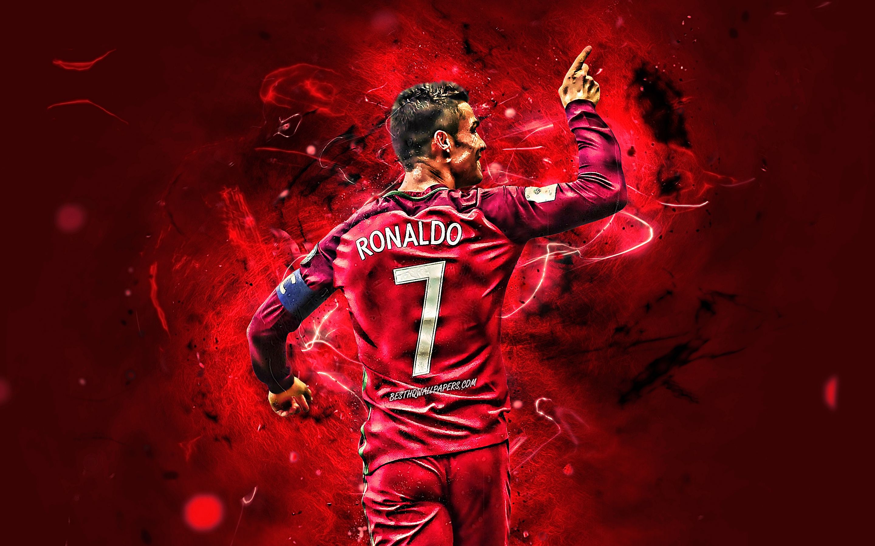 Download wallpaper Portugal National Team, Cristiano Ronaldo, back view, soccer, CR neon lights, Portuguese football team for desktop with resolution 2880x1800. High Quality HD picture wallpaper