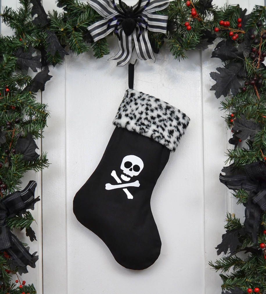 Punk Goth Pirate Christmas Stocking Skull and Crossbones, Black and White Leopard Faux Fur, Black. Christmas stockings, Black christmas stocking, Black christmas