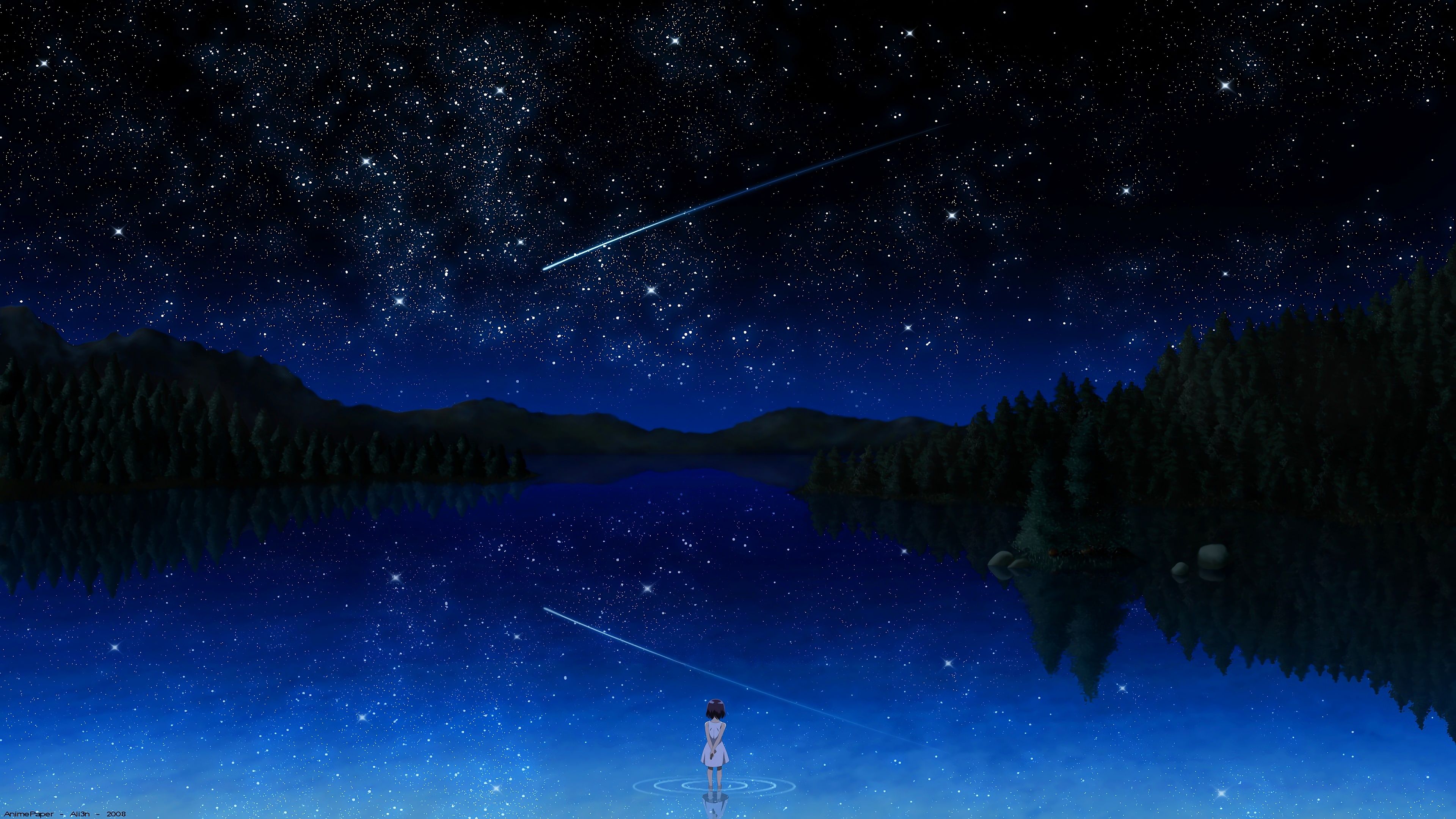 Anime, Night, Sky, Stars, Lake, Landscape, Scenery, 4K wallpaper