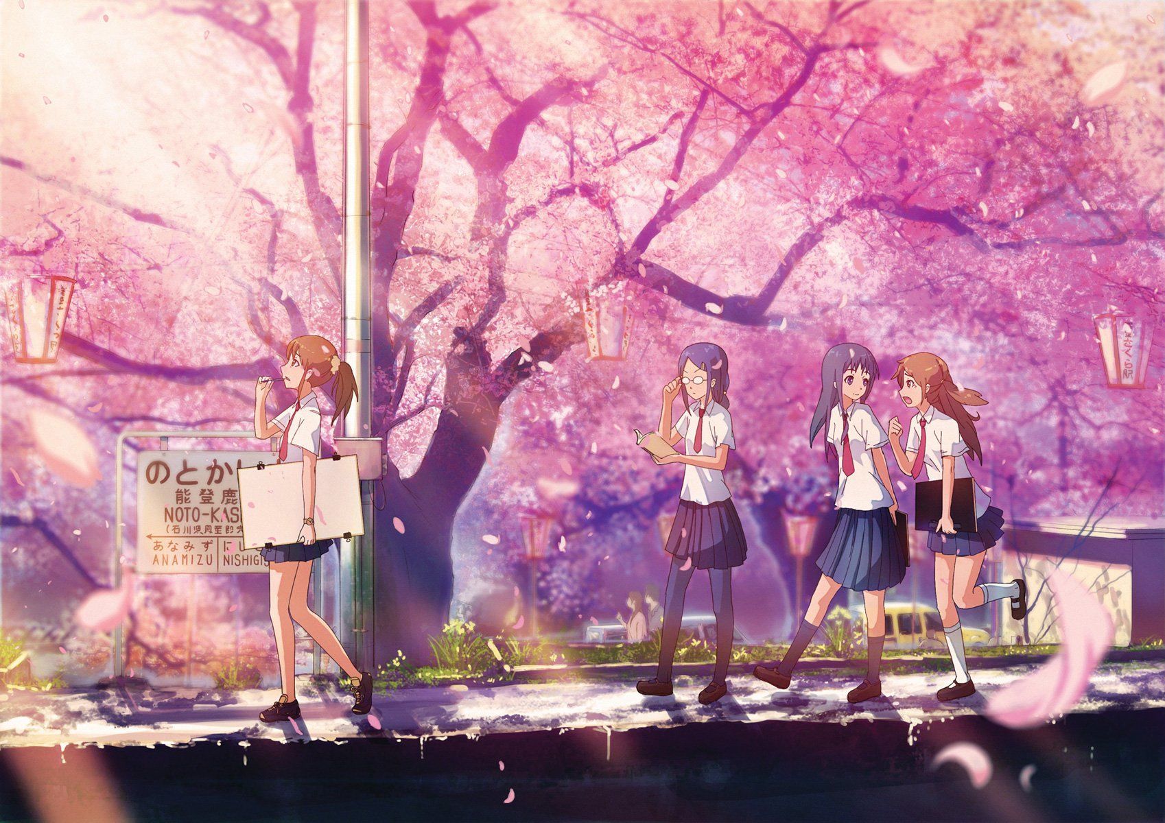 noto kashima pink light petals sakura tree group friends girls school uniform anime. Anime cherry blossom, Anime scenery wallpaper, Anime wallpaper