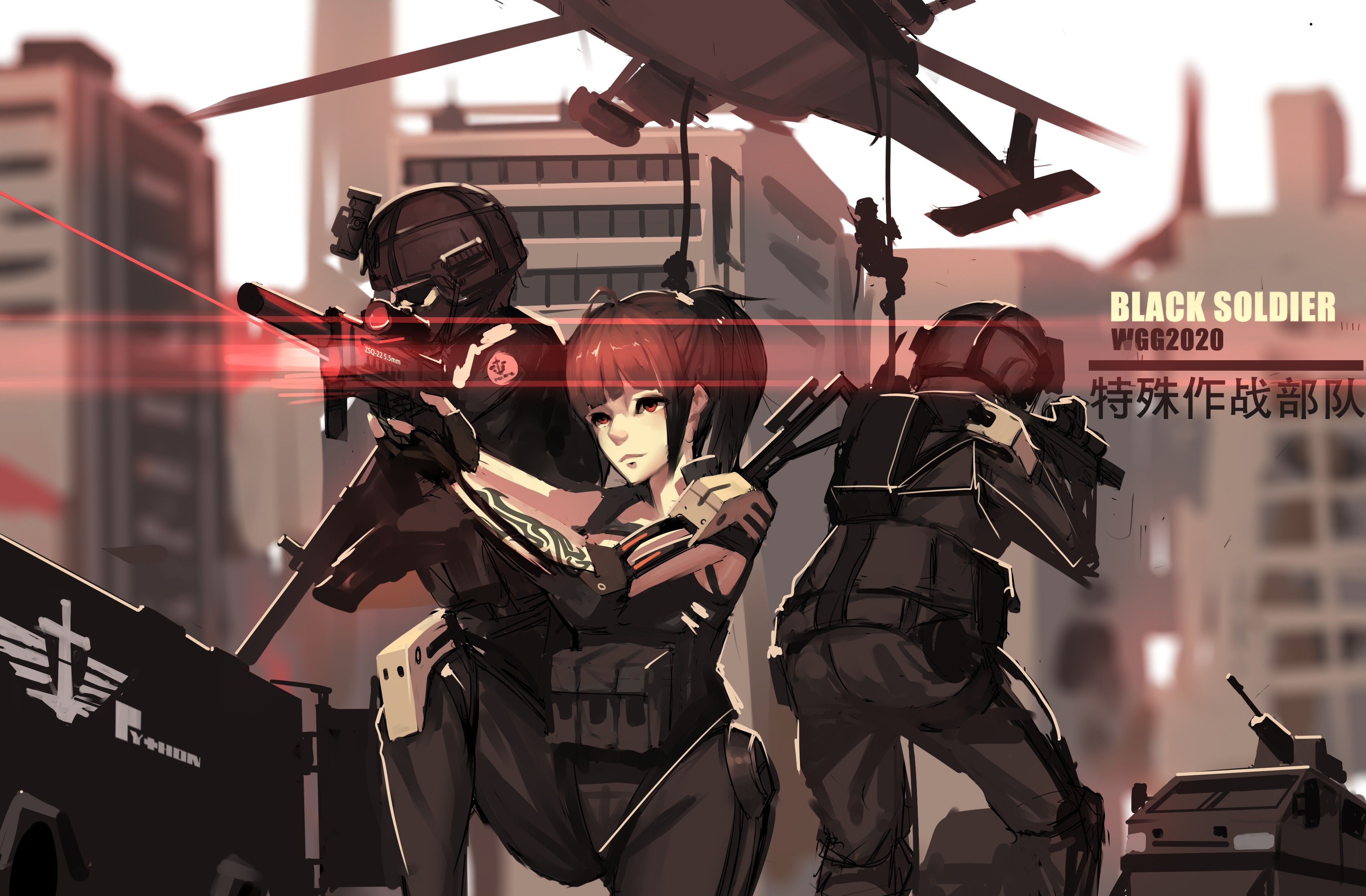 Anime Anime Girls Weapon Gun Short Hair Red Eyes Helicopters Black Soldier Wallpaper:3779x2480