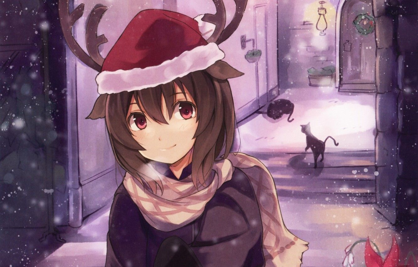 Wallpaper winter, girl, snow, holiday, cats, Christmas, anime, art, lights, horns, kyuri image for desktop, section сёдзё
