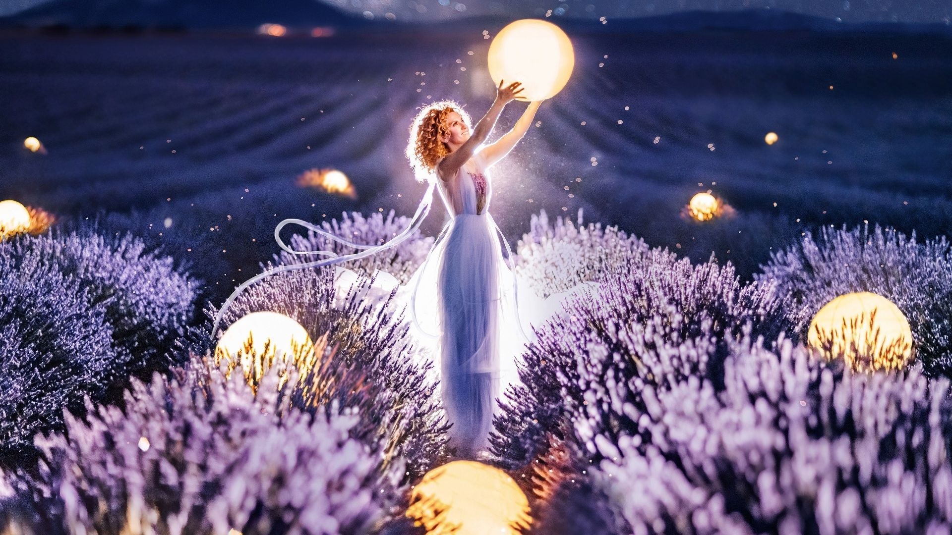 Desktop wallpaper lights, woman in lavender farm, night, nature, HD image, picture, background, ed9f40