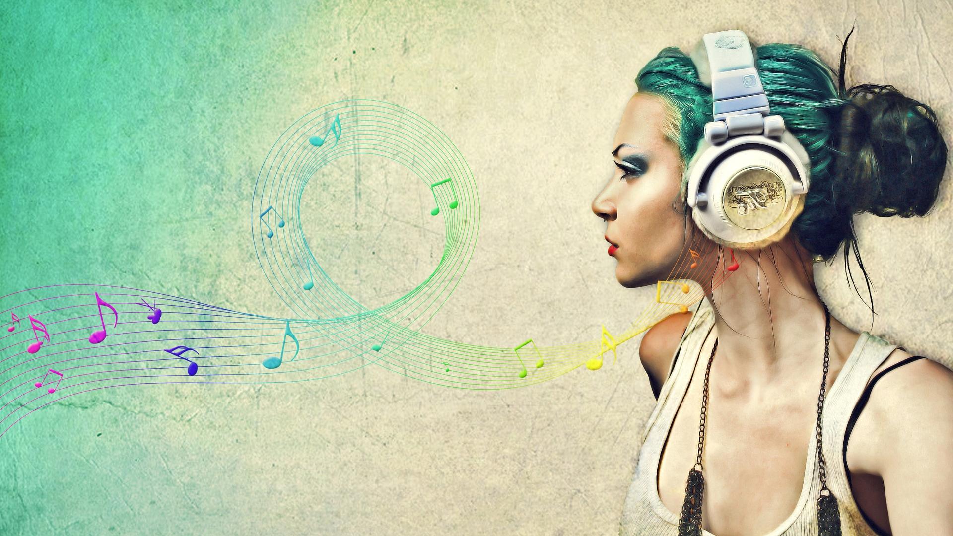 headphones, women, music, blue hair wallpaper