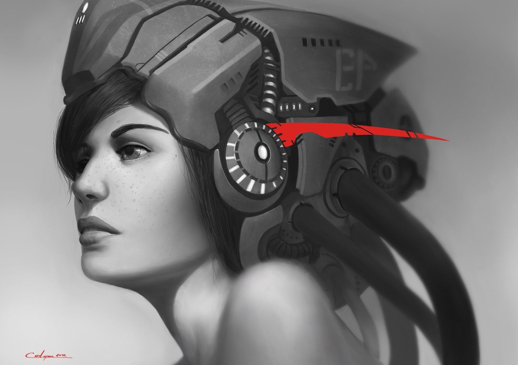 headphones, women, black and white, eyes, red, futuristic, headphones girl, artwork wallpaper