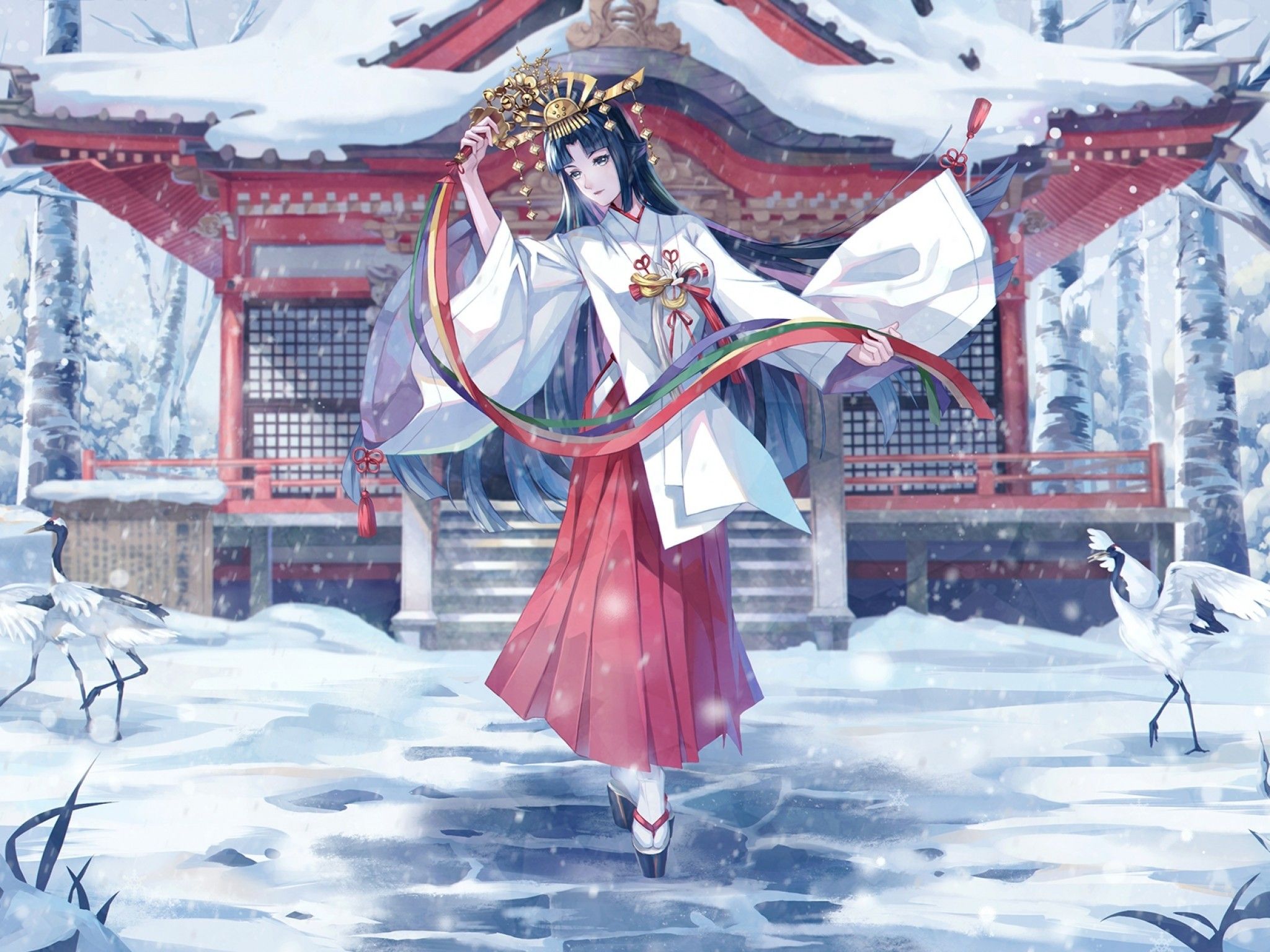 Download 2048x1536 Anime Girl, Miko Outfit, Shrine, Snow, Winter, Black Hair, Pretty Wallpaper for Ainol Novo 9 Spark