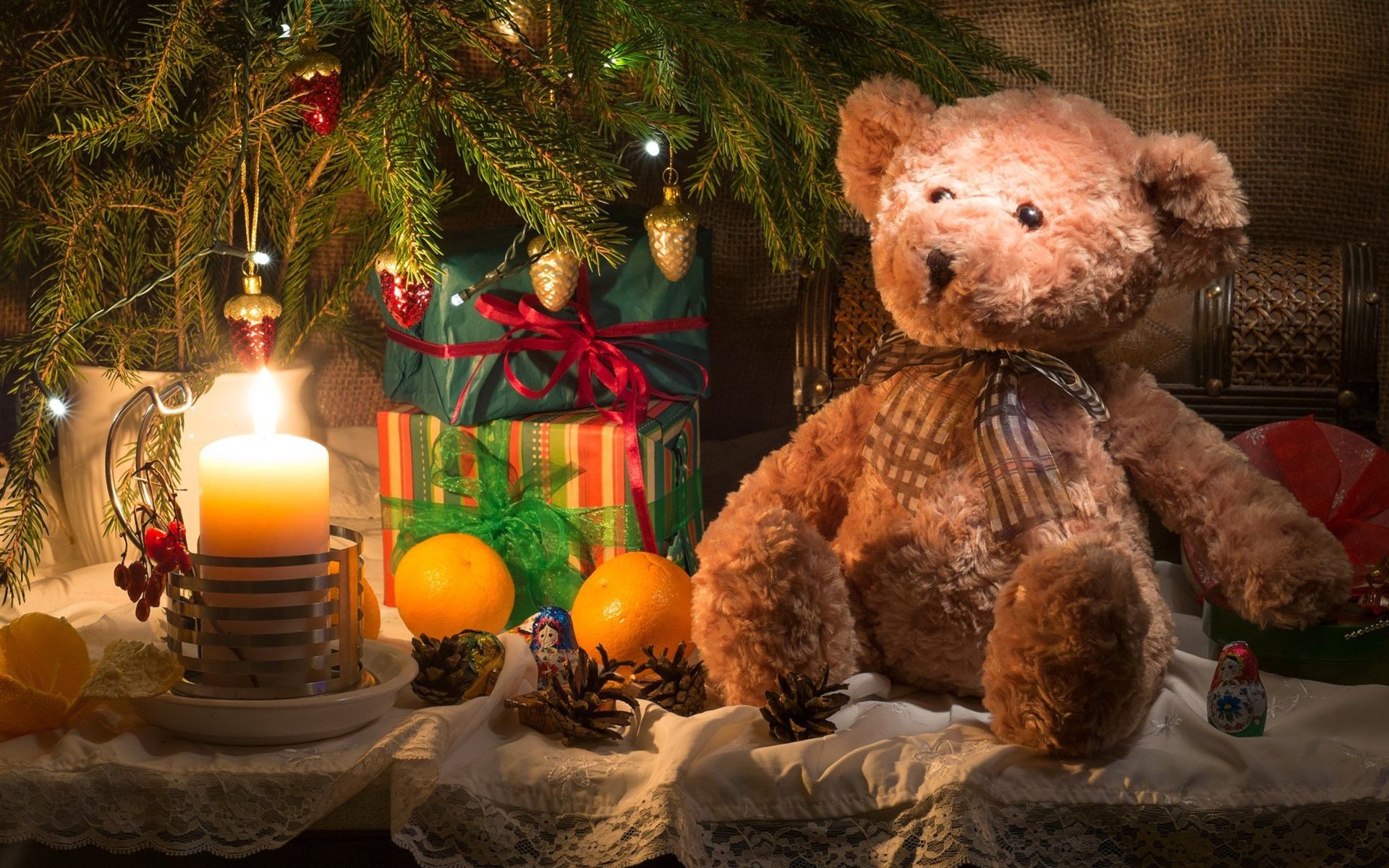 Wallpaper Teddy bear and gift, candle, Christmas theme 1920x1200 HD Picture, Image