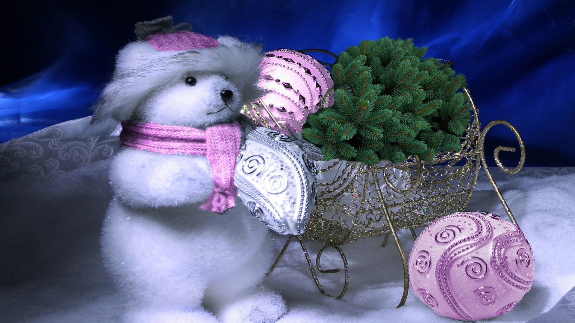 Teddy bear, sleigh with Christmas tree