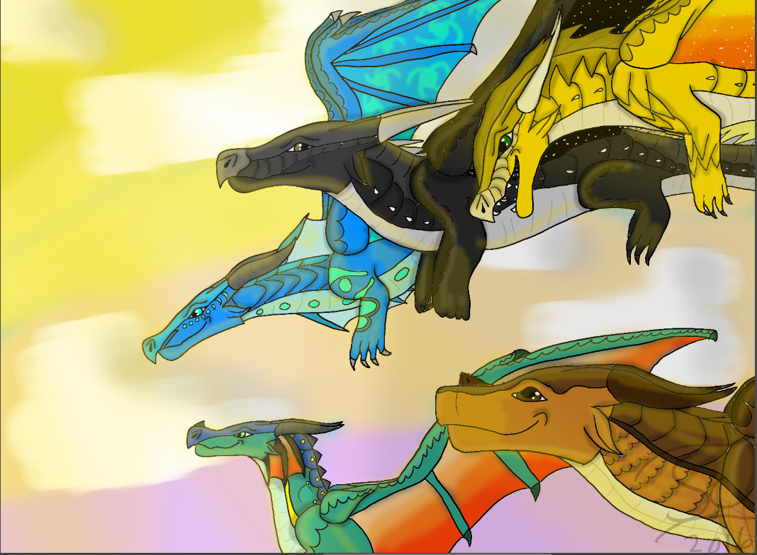 The Dragonets are Coming. Tsunami, Starflight, Sunny, Glory, and Clay By Sarah E. Campbell. Wings of fire dragons, Wings of fire, Fire art