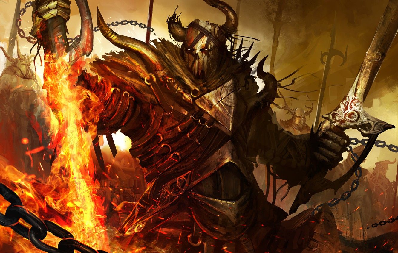 Wallpaper warrior, mask, fire, sword, horn image for desktop, section фантастика