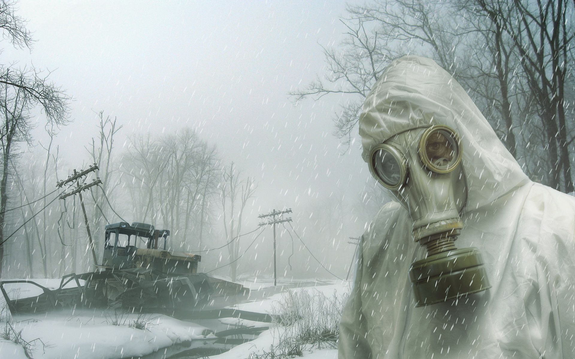 Stalker apocalyptic dark gas Winter mask people snow wallpaperx1200