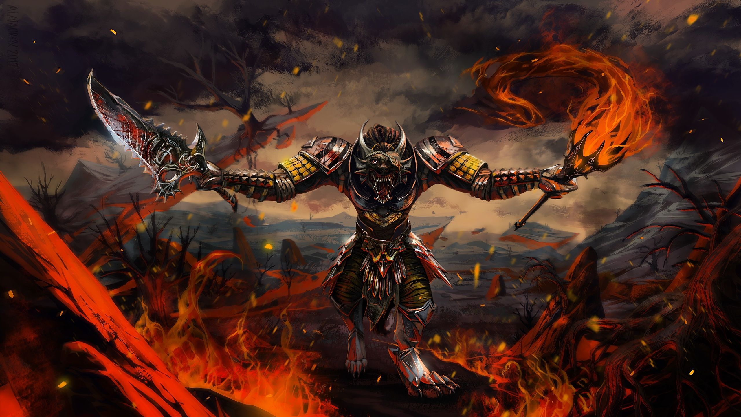 image armour Swords monster Fantasy Roar flame Torch 2560x1440
