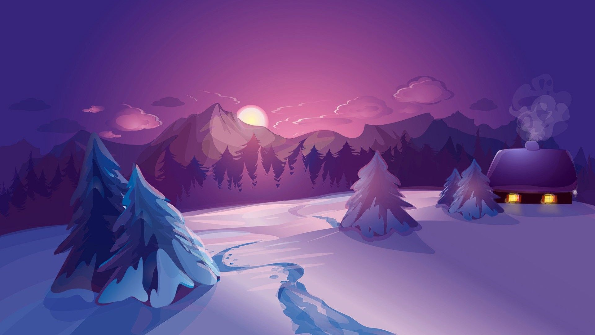 nature, Landscape, Digital art, Mountains, Clouds, Winter, House, Snow, Sunset, Forest, Calm Wallpaper HD / Desktop and Mobile Background