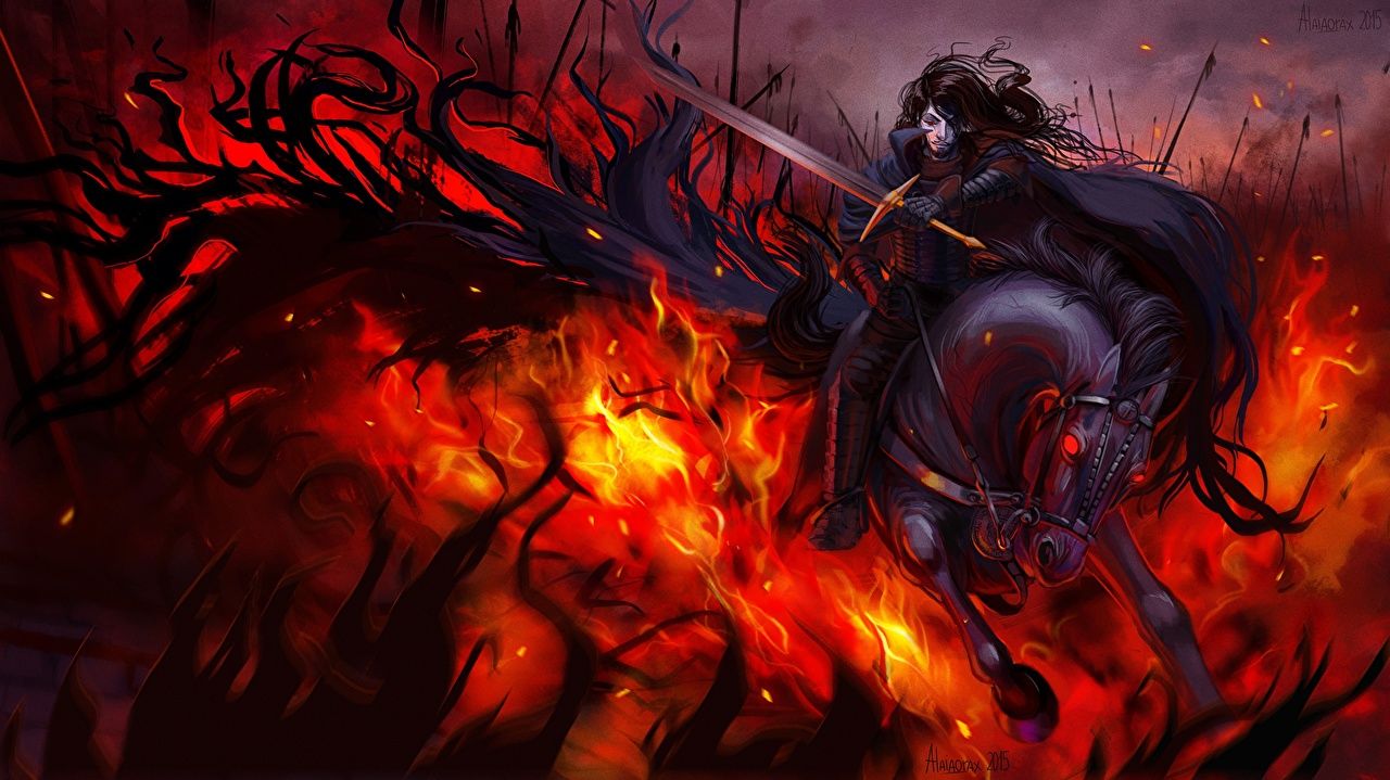 Download wallpaper wallpaper, fire, battlefield, red, flame, sword, gun,  blood, section shonen in resolution 1024x600