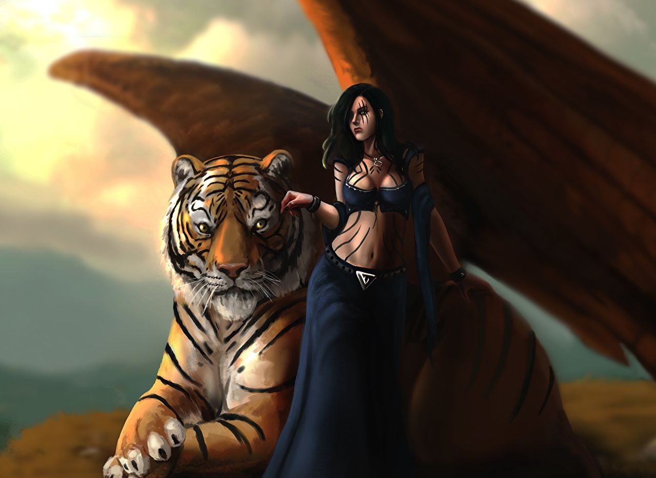 image tiger Brown haired Wings Fantasy Magical animals