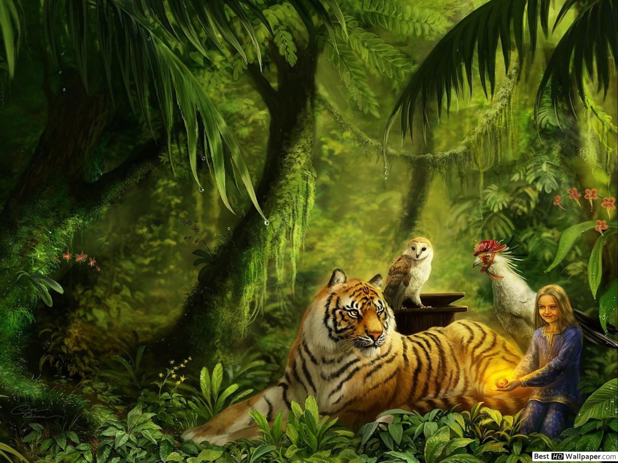 Tiger in magic jungle forest HD wallpaper download