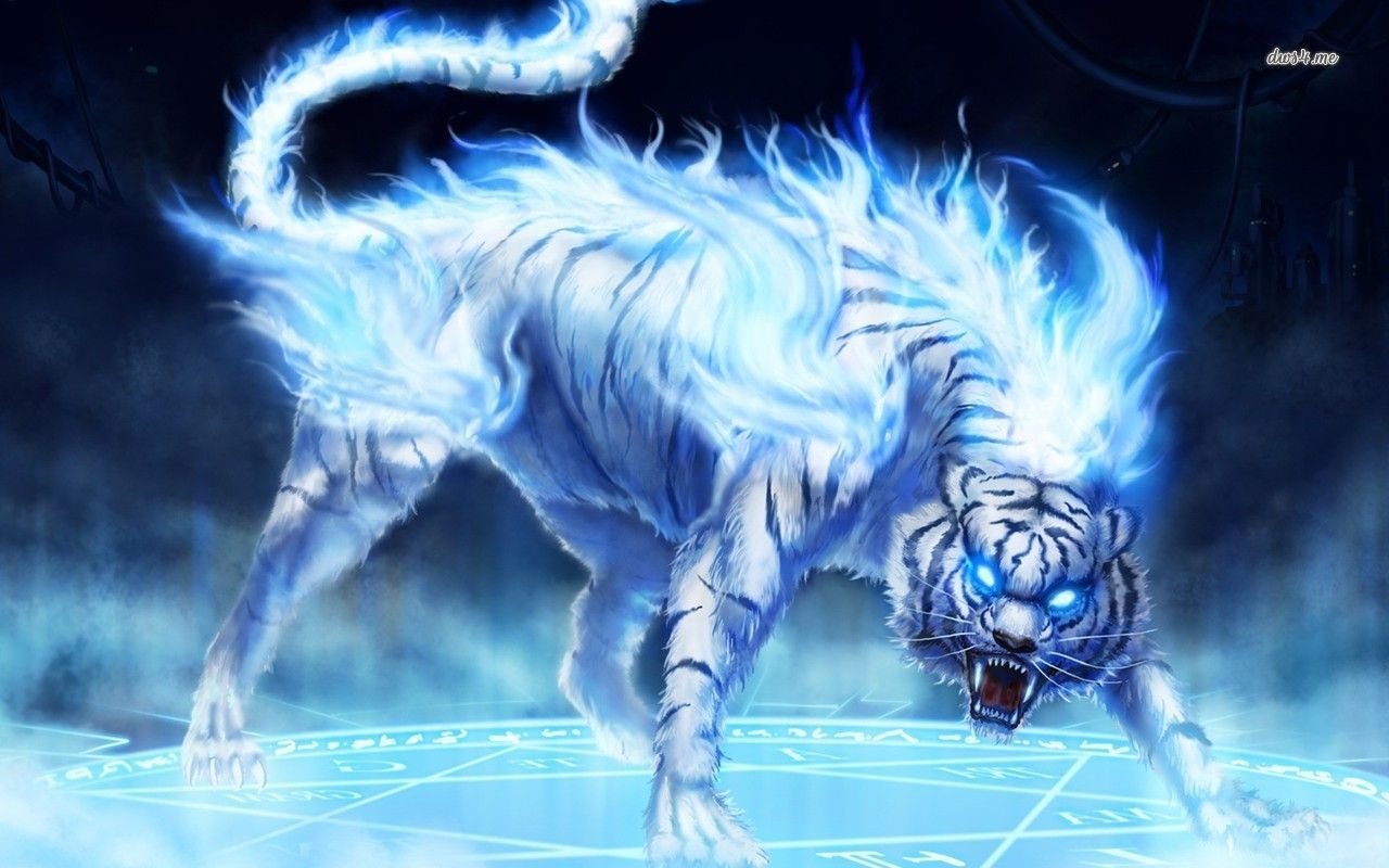 Fire And Ice Birds Flaming Tiger Digital Art Wallpaper. Tiger artwork, Mythical creatures, Tiger wallpaper
