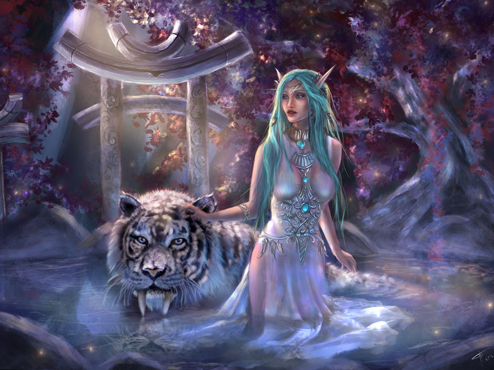 Picture Tigers Elf Girls Fantasy Magical animals animal 1600x1200