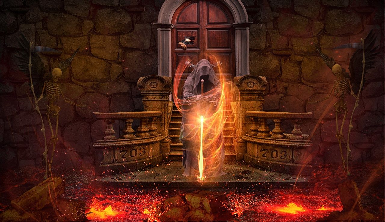 Photos Swords sorcery magician Gothic Fantasy Lava Fantasy Skeleton