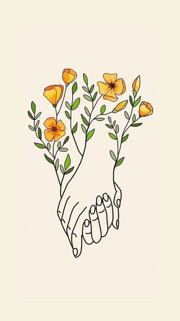 Among flowers and struggles, we hold hands. Hand wallpaper, Line art drawings, Drawings