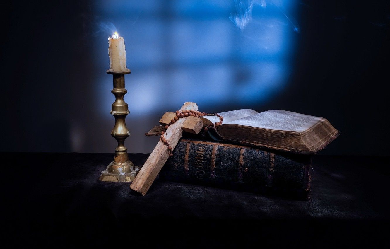 Wallpaper candle, cross, book, the Bible image for desktop, section разное