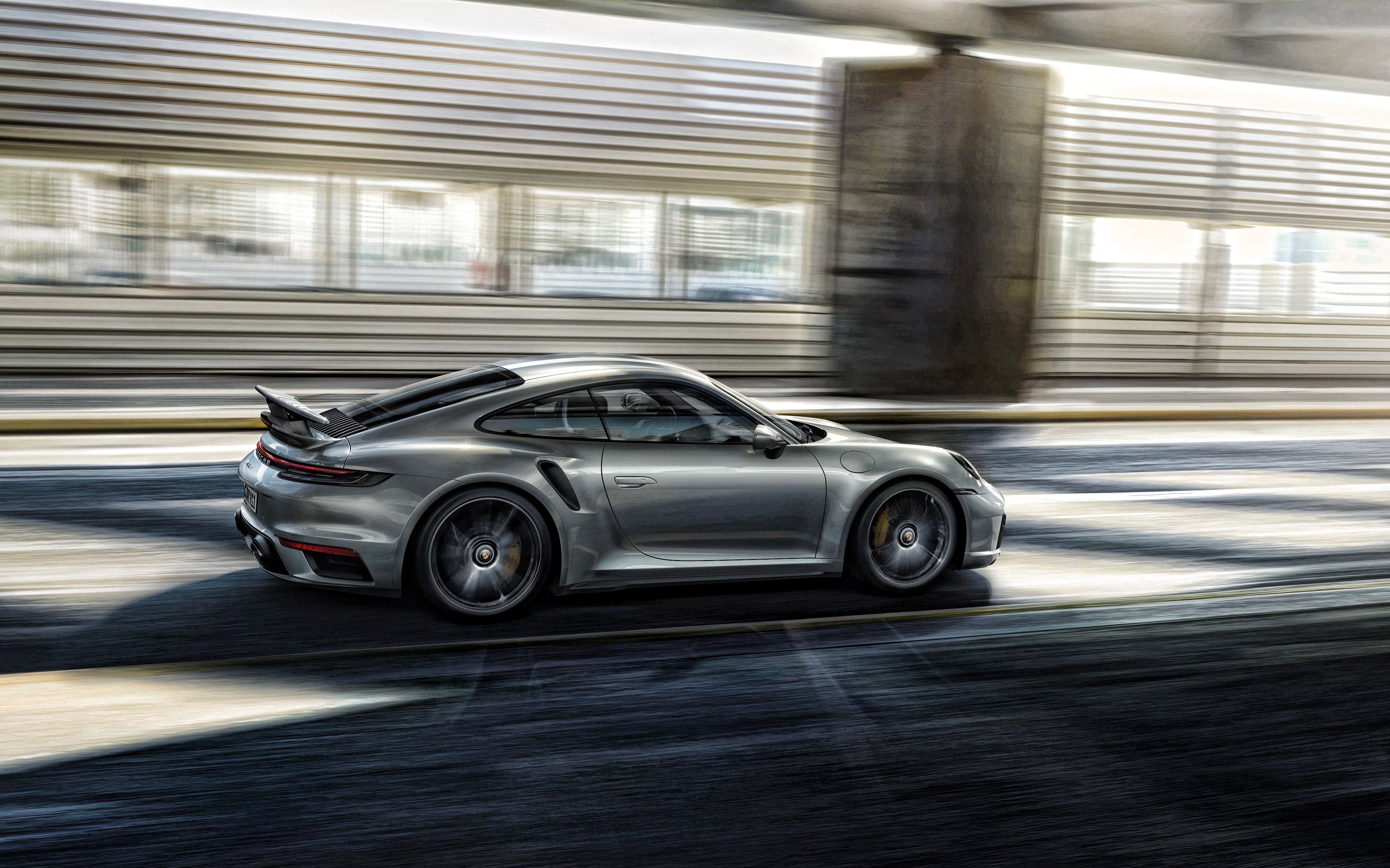 Download wallpaper Porsche 911 Turbo S, side view, exterior, silver sports coupe, new silver 911 Turbo S, German sports cars, Porsche for desktop with resolution 3840x2400. High Quality HD picture wallpaper