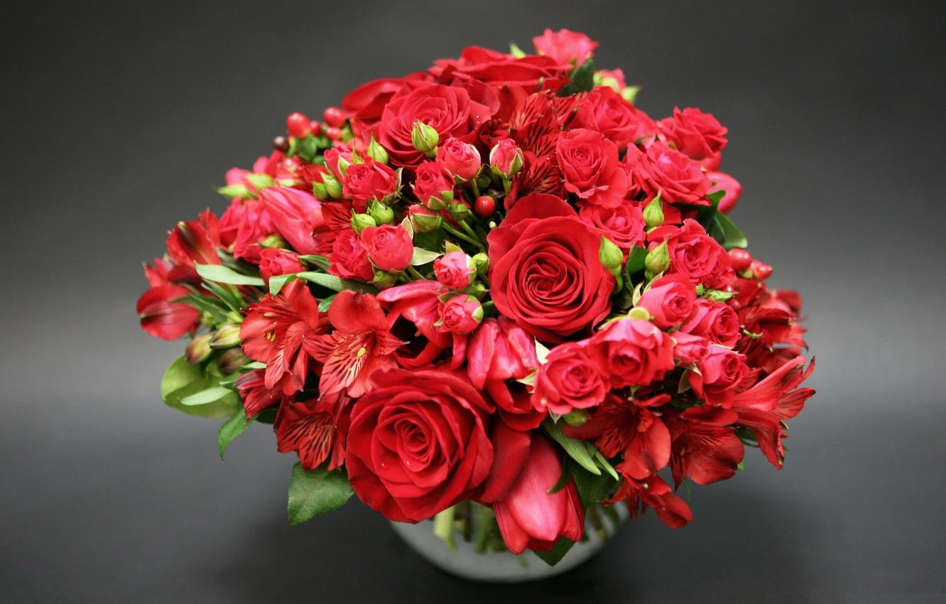 Wallpaper roses, bouquet, Bud, red, red, Roses, alstremeria, Bouquets image for desktop, section цветы