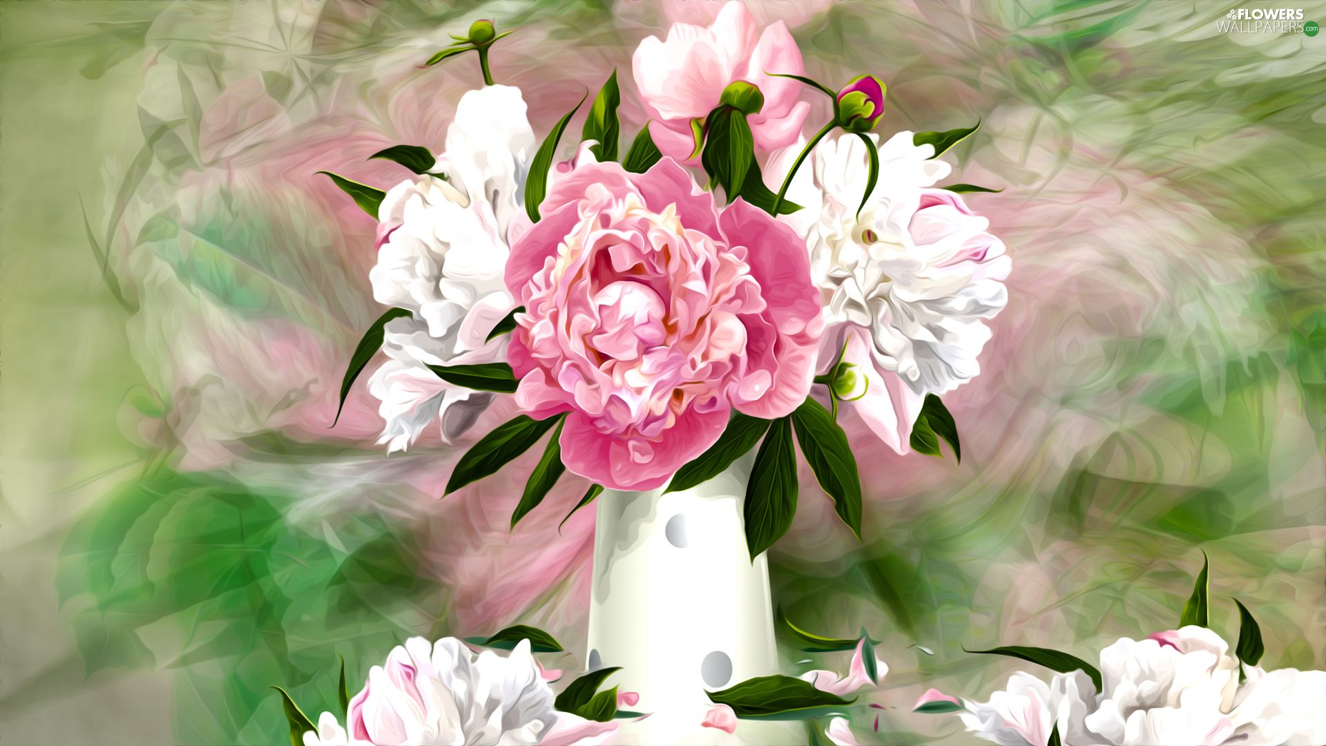 Peonies, graphics, Vase, bouquet, Flowers wallpaper: 1920x1080