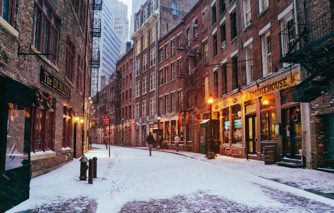Wallpaper USA, United States, New York, Manhattan, NYC, New York City, winter, snow, street, people, America, United States of America, cobble stone, historic NY, financial district, stone street image for desktop, section