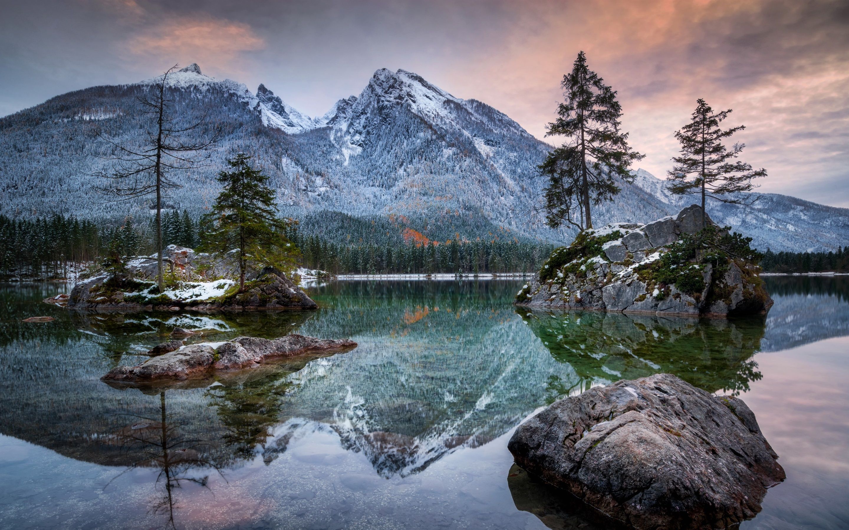 Wallpaper Bayern, Hintersee, lake, mountains, alps, trees, stones, dusk, Germany 2880x1800 HD Picture, Image